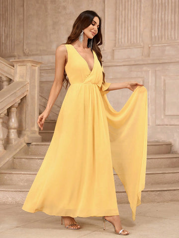 Deep V-Neck Yellow Criss-Cross One-Side Cape Bridesmaid Dress