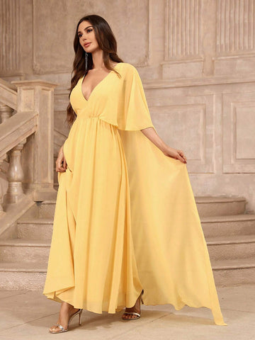 Deep V-Neck Yellow Criss-Cross One-Side Cape Bridesmaid Dress
