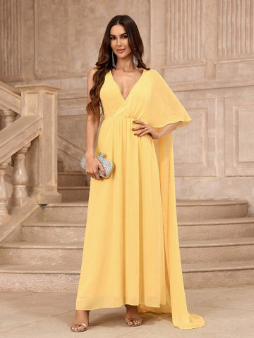 Deep V-Neck Yellow Criss-Cross One-Side Cape Bridesmaid Dress