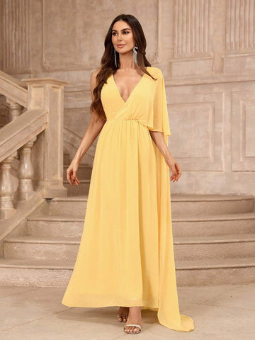 Deep V-Neck Yellow Criss-Cross One-Side Cape Bridesmaid Dress