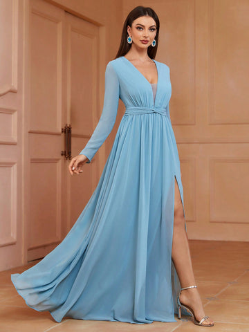 Deep V, Knotted Waist, High Slit Bridesmaid Dress (adult)
