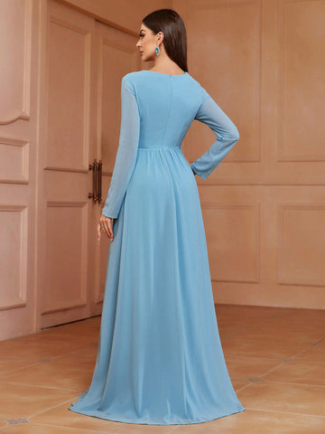 Deep V, Knotted Waist, High Slit Bridesmaid Dress (adult)