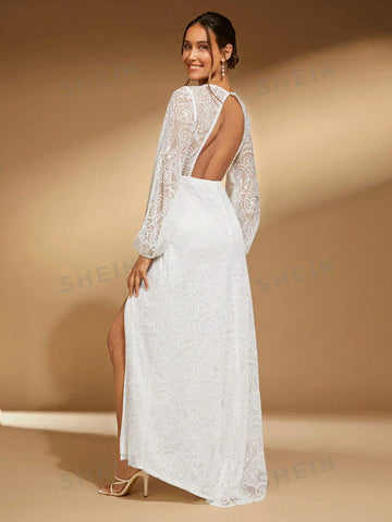 Deep V Neck Split Thigh Lace Wedding Dress Without Veil