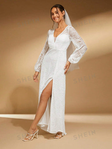 Deep V Neck Split Thigh Lace Wedding Dress Without Veil