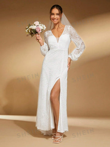 Deep V Neck Split Thigh Lace Wedding Dress Without Veil