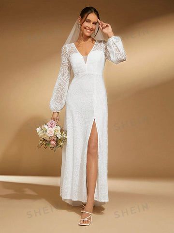 Deep V Neck Split Thigh Lace Wedding Dress Without Veil
