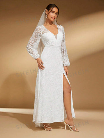 Deep V Neck Split Thigh Lace Wedding Dress Without Veil