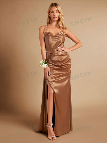 Draped Collar Ruched Split Thigh Satin Cami Bridesmaid Dres