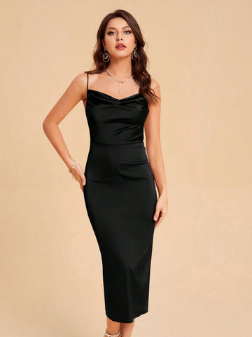Draped Collar Split Back Satin Cami Bridesmaid Dress
