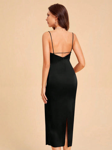 Draped Collar Split Back Satin Cami Bridesmaid Dress