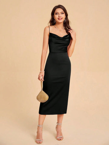 Draped Collar Split Back Satin Cami Bridesmaid Dress