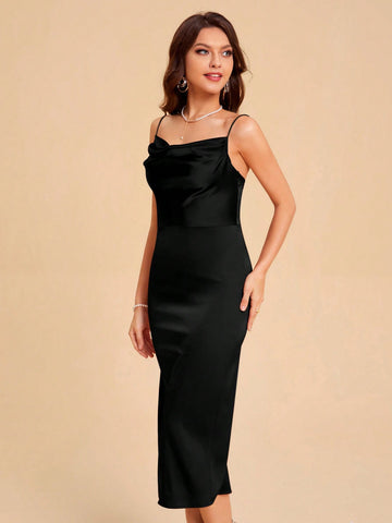 Draped Collar Split Back Satin Cami Bridesmaid Dress