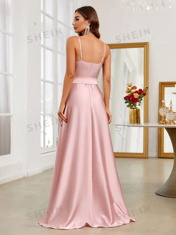 Draped Collar Split Thigh Belted Bridesmaid Dress