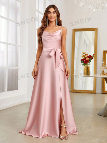 Draped Collar Split Thigh Belted Bridesmaid Dress