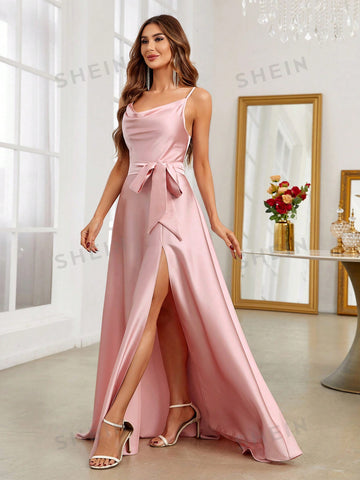 Draped Collar Split Thigh Belted Bridesmaid Dress