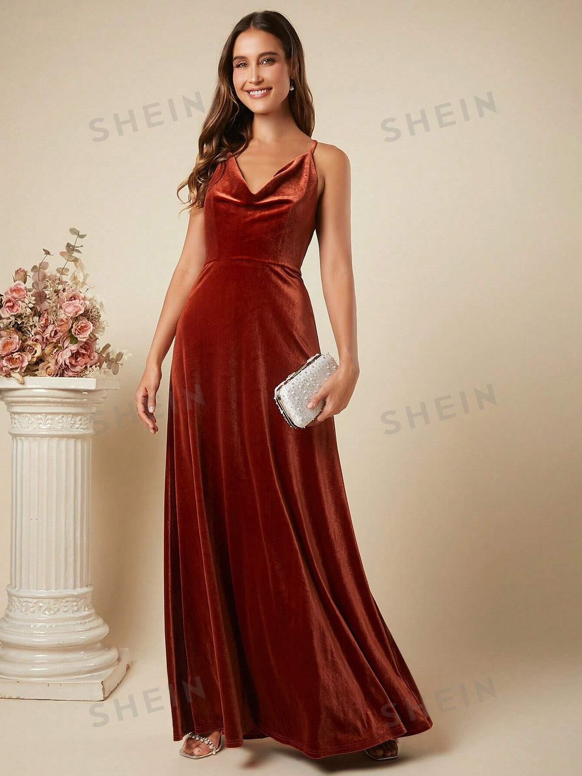 Draped Collar Velvet Cami Formal Dress