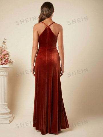 Draped Collar Velvet Cami Formal Dress