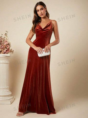 Draped Collar Velvet Cami Formal Dress