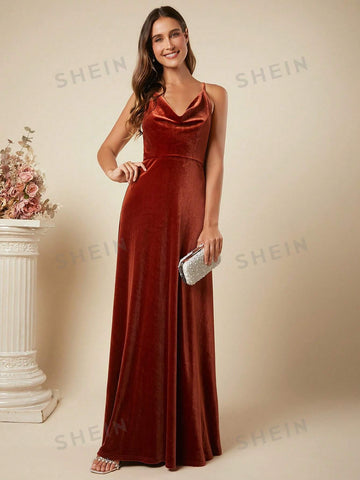 Draped Collar Velvet Cami Formal Dress