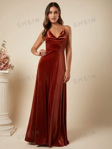 Draped Collar Velvet Cami Formal Dress