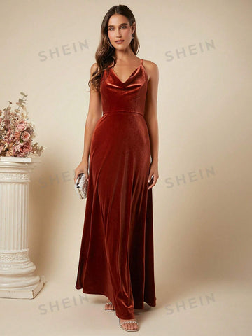 Draped Collar Velvet Cami Formal Dress