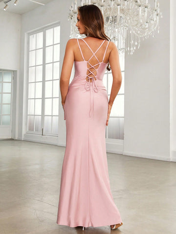 Draped Collar Wrap Hem Bridesmaid Dress