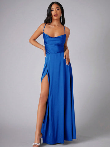 Draped Collar Wrap Hem Satin Cami Bridesmaid Dresses