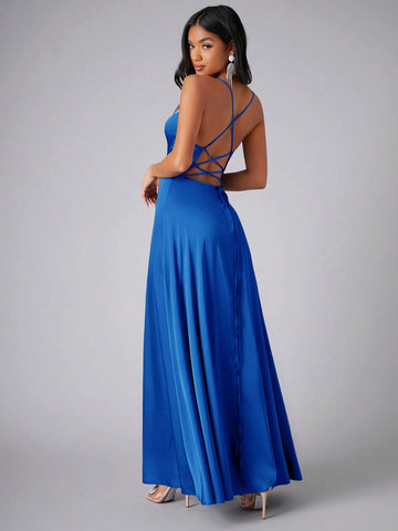 Draped Collar Wrap Hem Satin Cami Bridesmaid Dresses