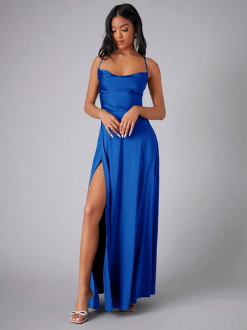 Draped Collar Wrap Hem Satin Cami Bridesmaid Dresses