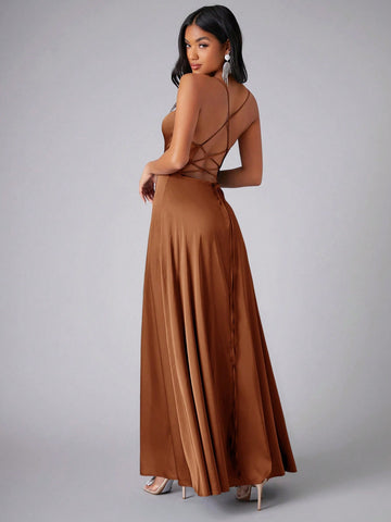 Draped Collar Wrap High Split Satin Cami Bridesmaid Dress