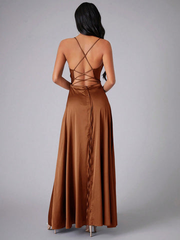 Draped Collar Wrap High Split Satin Cami Bridesmaid Dress