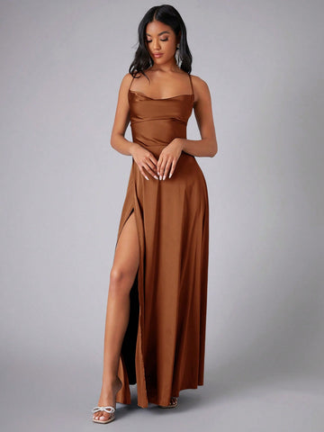 Draped Collar Wrap High Split Satin Cami Bridesmaid Dress