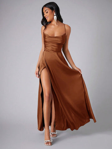 Draped Collar Wrap High Split Satin Cami Bridesmaid Dress