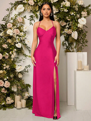 Draped Crisscross Backless Split Thigh Bridesmaid Dress