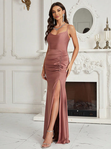 Draped Front Split Thigh Ruched Bridesmaid Dress