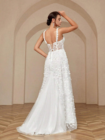 ElegantAtmospheric Three-Dimensional Flower Fine Flash Bead Fabric Waist Spaghetti Strap 3d Floral Sequined Waistline Back Tie High Slit Sweep Train A Swing Large Skirt Stitching Heavy Work Dinner Light Wedding Dresses