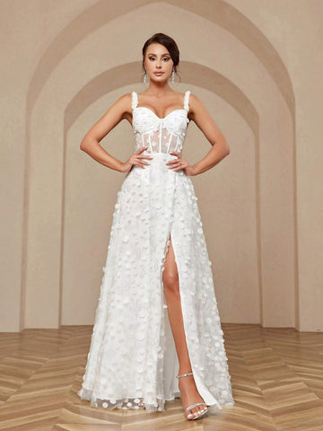 ElegantAtmospheric Three-Dimensional Flower Fine Flash Bead Fabric Waist Spaghetti Strap 3d Floral Sequined Waistline Back Tie High Slit Sweep Train A Swing Large Skirt Stitching Heavy Work Dinner Light Wedding Dresses