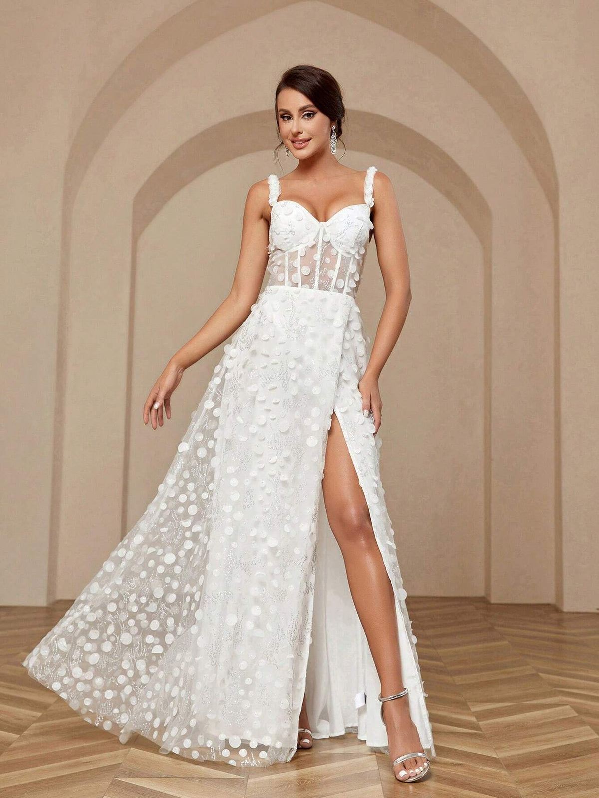 ElegantAtmospheric Three-Dimensional Flower Fine Flash Bead Fabric Waist Spaghetti Strap 3d Floral Sequined Waistline Back Tie High Slit Sweep Train A Swing Large Skirt Stitching Heavy Work Dinner Light Wedding Dresses