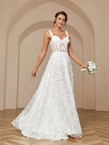 ElegantAtmospheric Three-Dimensional Flower Fine Flash Bead Fabric Waist Spaghetti Strap 3d Floral Sequined Waistline Back Tie High Slit Sweep Train A Swing Large Skirt Stitching Heavy Work Dinner Light Wedding Dresses