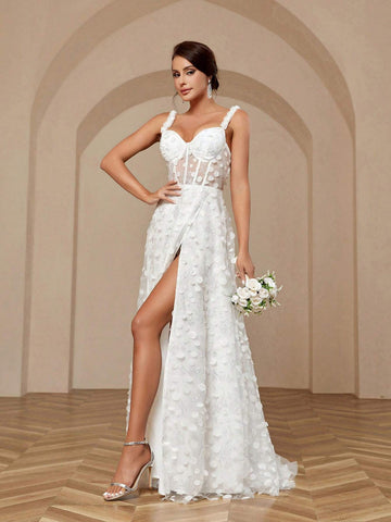 ElegantAtmospheric Three-Dimensional Flower Fine Flash Bead Fabric Waist Spaghetti Strap 3d Floral Sequined Waistline Back Tie High Slit Sweep Train A Swing Large Skirt Stitching Heavy Work Dinner Light Wedding Dresses