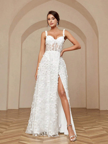 ElegantAtmospheric Three-Dimensional Flower Fine Flash Bead Fabric Waist Spaghetti Strap 3d Floral Sequined Waistline Back Tie High Slit Sweep Train A Swing Large Skirt Stitching Heavy Work Dinner Light Wedding Dresses