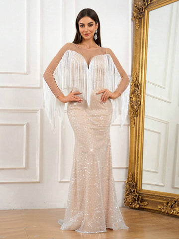 Elegant And Atmospheric White Contrasting Khaki Mesh Large Round Neck Back V-Shaped Mesh Perspective Wedding Event Bohemian Vacation Outdoor Wedding Party Cocktail Dress Lawn Wedding Dress