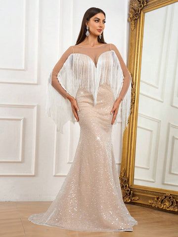 Elegant And Atmospheric White Contrasting Khaki Mesh Large Round Neck Back V-Shaped Mesh Perspective Wedding Event Bohemian Vacation Outdoor Wedding Party Cocktail Dress Lawn Wedding Dress