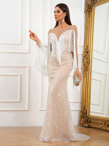 Elegant And Atmospheric White Contrasting Khaki Mesh Large Round Neck Back V-Shaped Mesh Perspective Wedding Event Bohemian Vacation Outdoor Wedding Party Cocktail Dress Lawn Wedding Dress