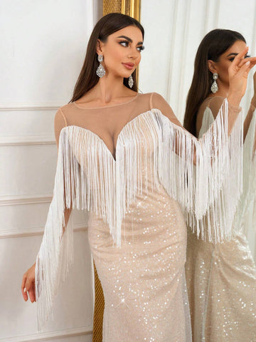 Elegant And Atmospheric White Contrasting Khaki Mesh Large Round Neck Back V-Shaped Mesh Perspective Wedding Event Bohemian Vacation Outdoor Wedding Party Cocktail Dress Lawn Wedding Dress