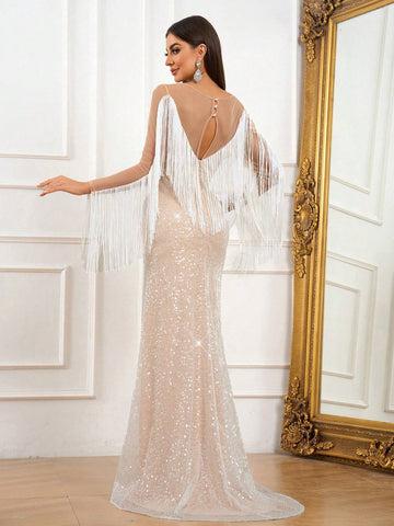 Elegant And Atmospheric White Contrasting Khaki Mesh Large Round Neck Back V-Shaped Mesh Perspective Wedding Event Bohemian Vacation Outdoor Wedding Party Cocktail Dress Lawn Wedding Dress