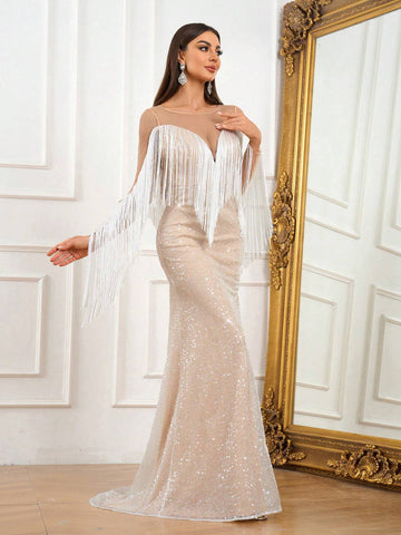 Elegant And Atmospheric White Contrasting Khaki Mesh Large Round Neck Back V-Shaped Mesh Perspective Wedding Event Bohemian Vacation Outdoor Wedding Party Cocktail Dress Lawn Wedding Dress