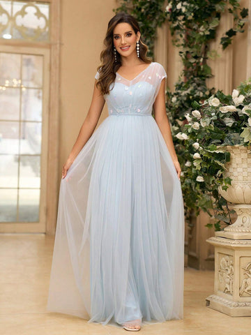 Elegant And Conservative Women Smoke Blue Sequined Embroidered Mesh Fabric Patchwork Dress, V-Neckline With Batwing Sleeves And Strap Decorated Waist Belt, Bow-Tied Mesh Layered Flared Skirt, Perfect For Bridesmaid Dress And Formal Events