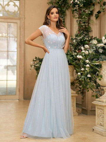 Elegant And Conservative Women Smoke Blue Sequined Embroidered Mesh Fabric Patchwork Dress, V-Neckline With Batwing Sleeves And Strap Decorated Waist Belt, Bow-Tied Mesh Layered Flared Skirt, Perfect For Bridesmaid Dress And Formal Events