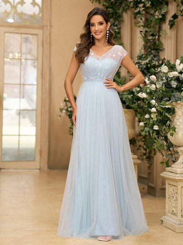 Elegant And Conservative Women Smoke Blue Sequined Embroidered Mesh Fabric Patchwork Dress, V-Neckline With Batwing Sleeves And Strap Decorated Waist Belt, Bow-Tied Mesh Layered Flared Skirt, Perfect For Bridesmaid Dress And Formal Events
